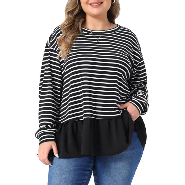 Agnes Orinda Conjuntos de Halloween para Mujeres Tallas Grandes Blusa Casual Suave con Volantes en Capas, Cuello Redondo, Manga Larga, Peplum a Rayas de Bloque de Color, Talla 2X, Negro