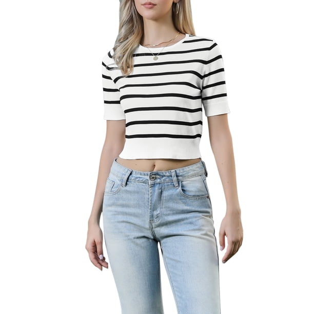 INSPIRE CHIC Top de rayas de manga corta para mujer, camiseta de cuello redondo, verano 2026, suéter casual corto de punto, S negro a rayas