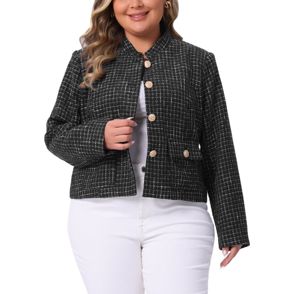 Chaqueta de Tweed a Cuadros para Mujer de Talla Grande Agnes Orinda con Botones, Manga Larga, Elegante, Recortada y con Bolsillos 4X Negro