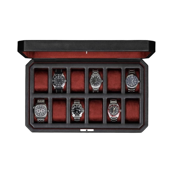 Caja de relojes ROTHWELL de 12 compartimentos de cuero negro/rojo