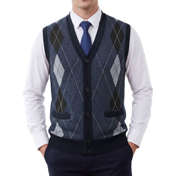 INSPIRE CHIC Chaleco de Cárdigan de Punto con Botones y Cuello en V Sin Mangas Clásico para Hombre L Azul Marino Gris