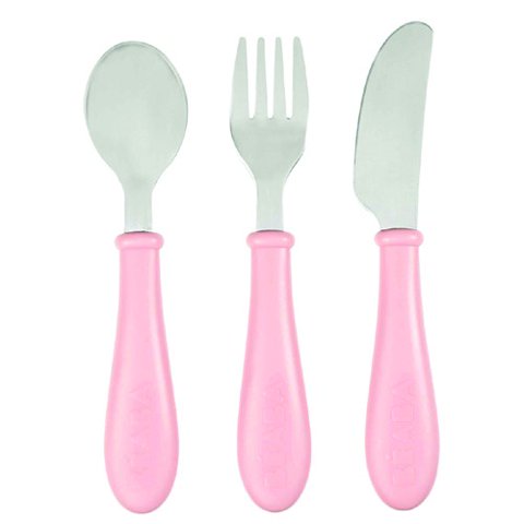 Beaba - Cubiertos De Aprendizaje De Acero Inoxidable, Color Rosado