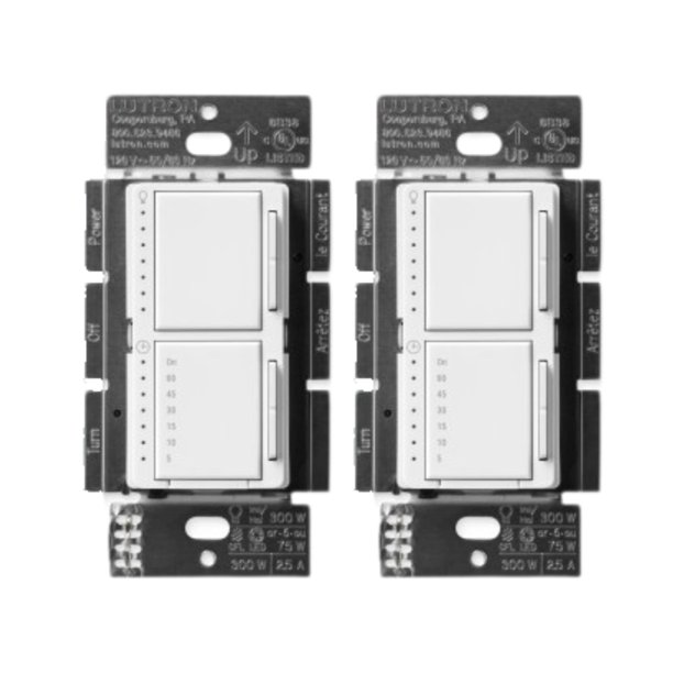 Lutron Maestro LED+ Interruptor Dimmer y Temporizador Dual | Bombillas LED de 75 W / Ventiladores de 2,5 A, Unipolar, MACL-L3T51-WH-2, Blanco, Pack de 2
