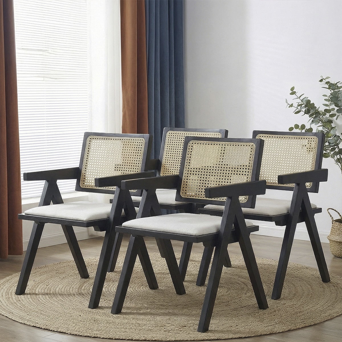 Pack 4 Silla Comedor Chandigarh Madera Negra Cojín Lino Venhoouse