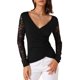 thumbnail image 1 of INSPIRE CHIC Blusas Casuales de Manga Larga de Encaje con Malla Ajustada y Cuello en V Floral para Mujer L Negro, 1 of 5