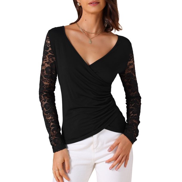 INSPIRE CHIC Blusas Casuales de Manga Larga de Encaje con Malla Ajustada y Cuello en V Floral para Mujer L Negro