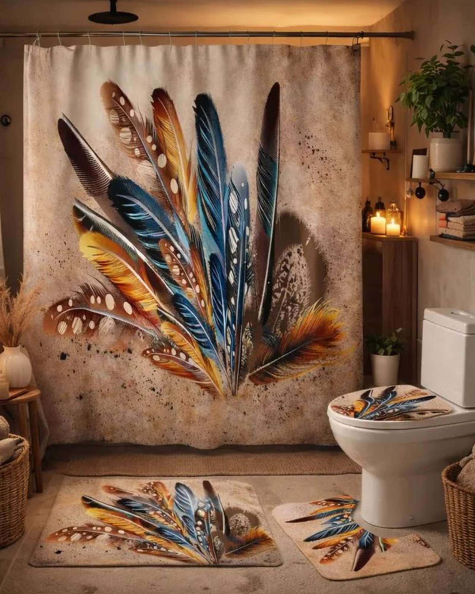 Mylhogar - Juego 5 Piezas Con Cortina De Baño De Tela Poliéster Y Forro De Ducha De Plástico