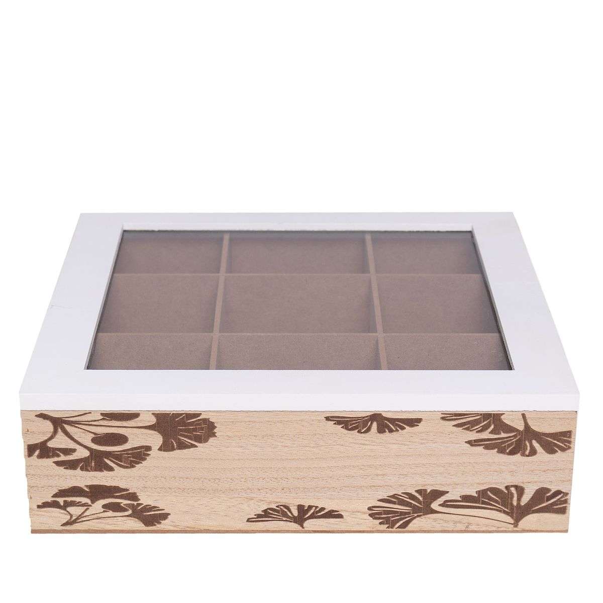 Oem - Caja De Té Mediana De Madera 9 Espacios Ramas Flores Bl