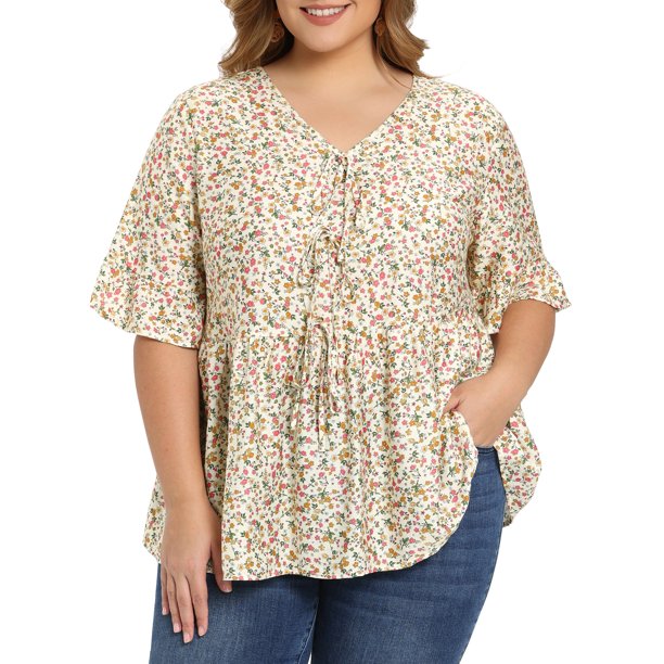 GRACIA Y GRANDEZA Blusa Floral Ditsy de Talla Grande para Mujer con Lazo Frontal, Cuello en V, Manga con Volantes, Peplum, Blusa de Verano Babydoll 1X Beige