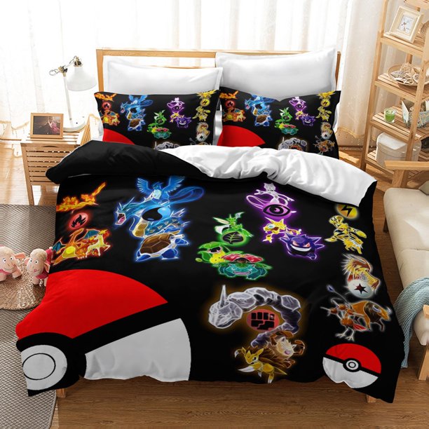 x146 Bed SheetsAnime Children's Bedding Cover, Pikachu Cartoon bedding set, Summer duvet cover with Zippe and Pillowcase *cm 3-Piece Bedding Set (1 Duvet Cover + 2 Pillow Shams) nj146