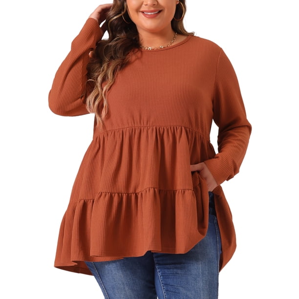 Agnes Orinda Ropa de Halloween para Mujer Tallas Grandes Tops Babydoll de Escuela Universidad de Manga Larga Cuello Redondo Casual Suelto Blusas Peplum Túnicas 2X Rojo Ladrillo
