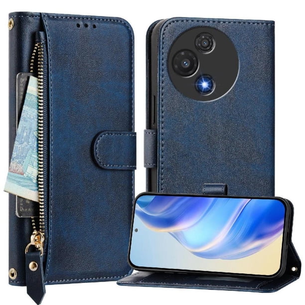 Funda Billetera Cremallera para TCL 60R con Porta Tarjetas, Soporte y Correa Azul