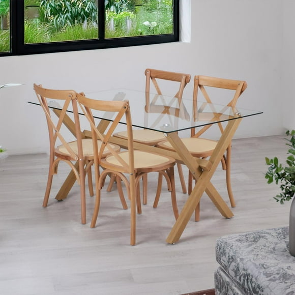 Comedor Mesa Xinia 140X90 + 4 Sillas Crossback | Madera & Ratán cafe