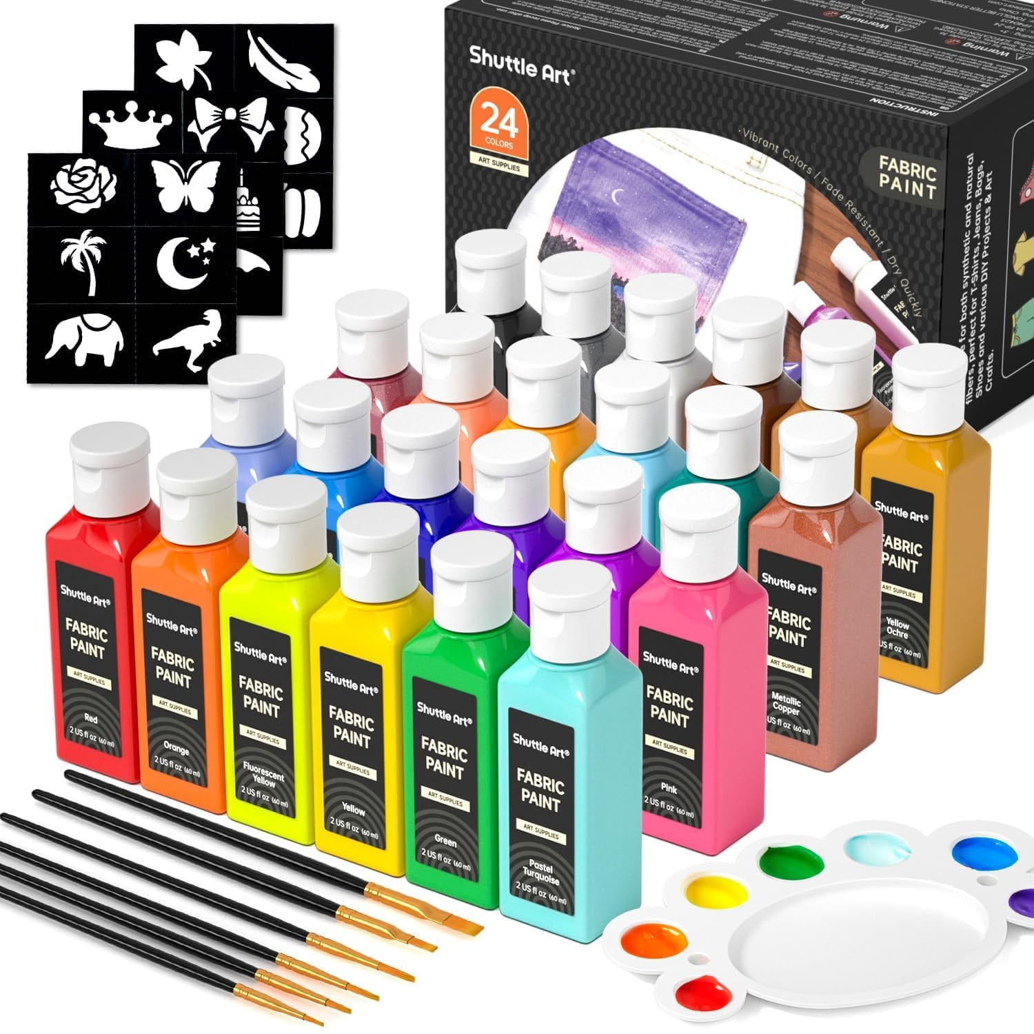 Shuttle Art - Botellas De Pintura Para Tela 24 Colores 60 Ml Con Pinceles Y Plantillas