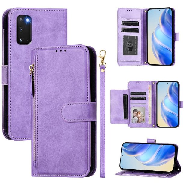 Funda Billetera Cremallera para Samsung Galaxy S20 con Porta Tarjetas, Soporte y Correa Morado