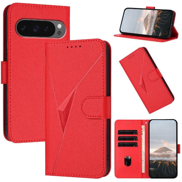 Funda Cartera Fibra de Carbono para Google Pixel 10 Pro XL con Soporte y Cierre Magnético Rojo