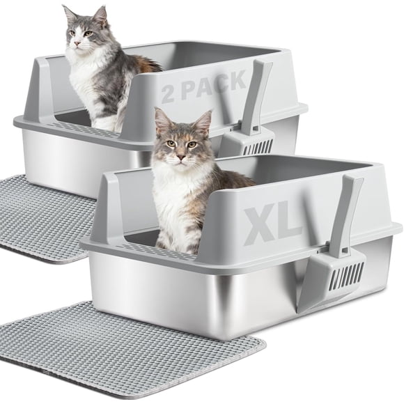 Caja de arena para gatos Yollber de acero inoxidable XL con tapa, paquete de 2