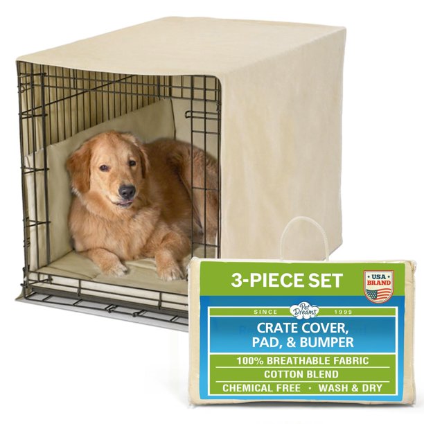 Juego de 3 piezas para jaula de perro Pet Dreams – Cobertura, Colchoneta y Almohadilla protectora – Khaki – 76 cm (tamaño mediano)