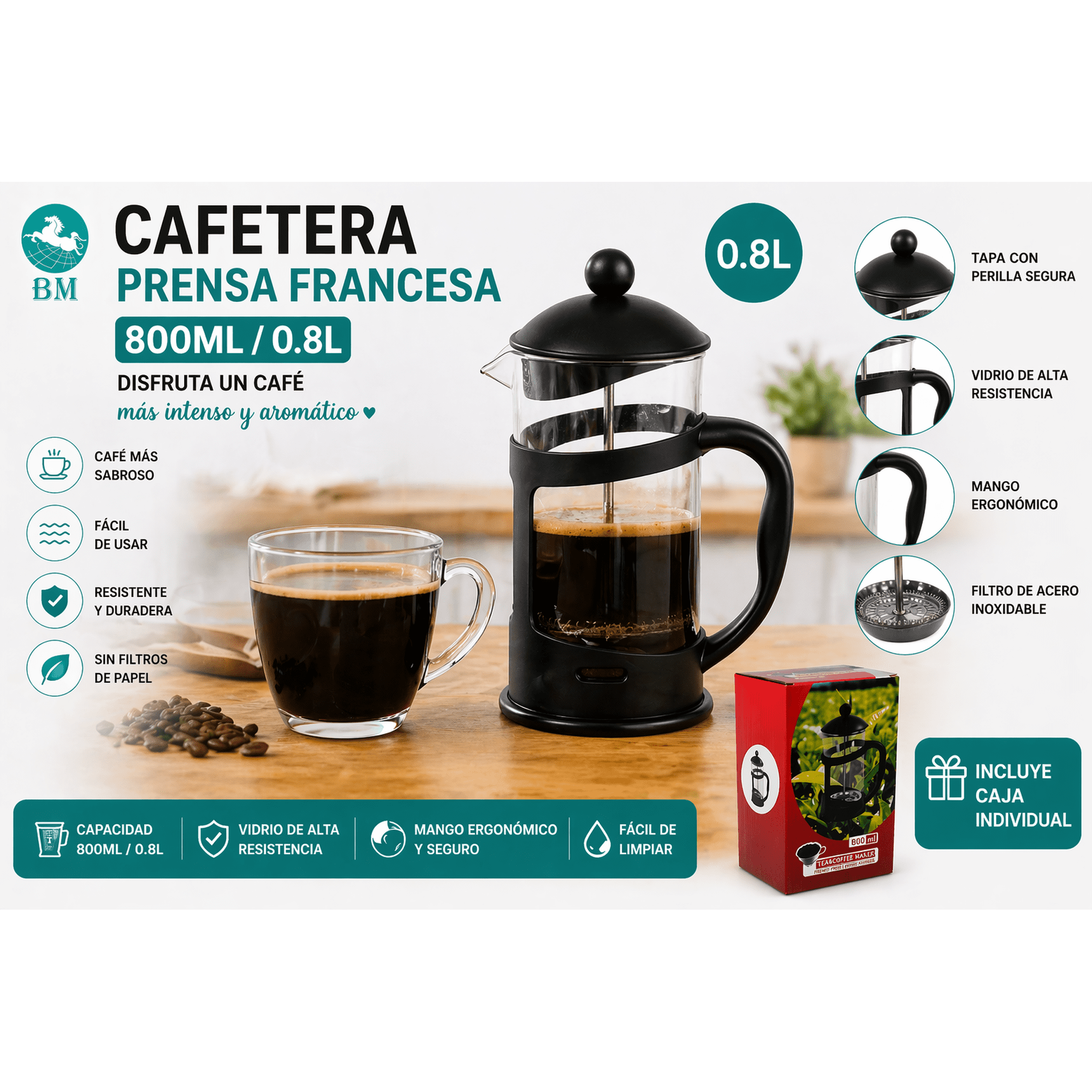 Baima - Cafetera Prensa Francesa 800 Ml Vidrio Resistente Uso Manual