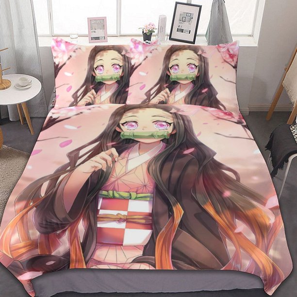 Demon Slayer Nezuko 3-Piece Bedding Set Warm And Comfortable Soft Duvet Cover Bed Set with 1 Duvet Cover And 2 Pillowcases for Boys Girls Kids Adult Bedroom All Season