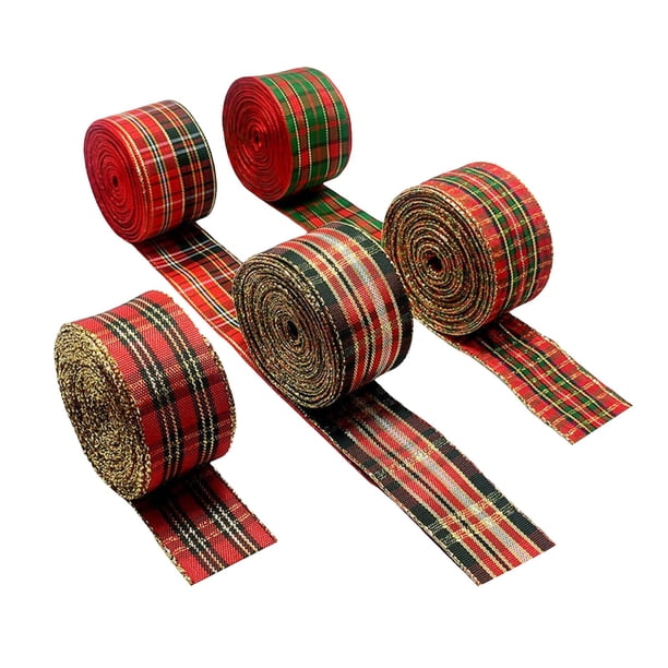 5x cinta de tela de Navidad cinta de tela escocesa satinado con borde con cable manualidades DIY para coronas regalo cesta decoración