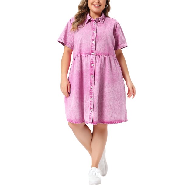 Agnes Orinda Disfraces de Halloween para Mujeres Tallas Grandes Vestido de Mezclilla Babydoll de Escuela Colegio con Botones Abajo Cuello de Solapa Mangas Cortas Casual Camisa de Jean con Bolsillos 3X