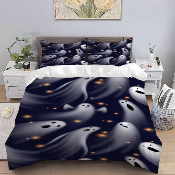3pcs Halloween Ghost Illustration Printed Bedding Set | Soft & Skin-Friendly Polyester Fabric Digital Printing