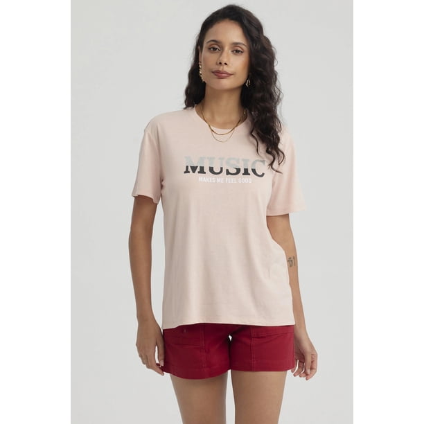 Polera Mujer Print Con Aplicación Palo Rosa
