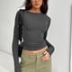 thumbnail image 4 of Camiseta básica de cuello redondo para mujer, informal, de manga larga, ajustada, de color puro, elástica, gris oscuro, talla M, 4 of 7