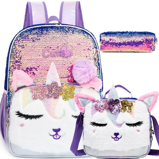 Cute Cat Sequin Backpacks for Girls School Bag with Lunch Box Pencil Case for Elementary Preschool Students Kids Travel Backpack