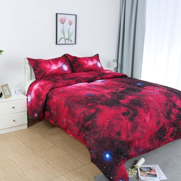 REGALWOVEN Juego de Edredón Galaxias de 3 Piezas para Cama Completa/Queen, Juego Acolchado de Plumas para Todas las Estaciones, Rojo