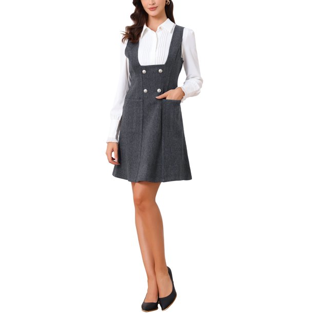 INSPIRE CHIC Vestido Pichi para Mujer A-Line Doble Botonadura Peto Tirantes S Gris Oscuro