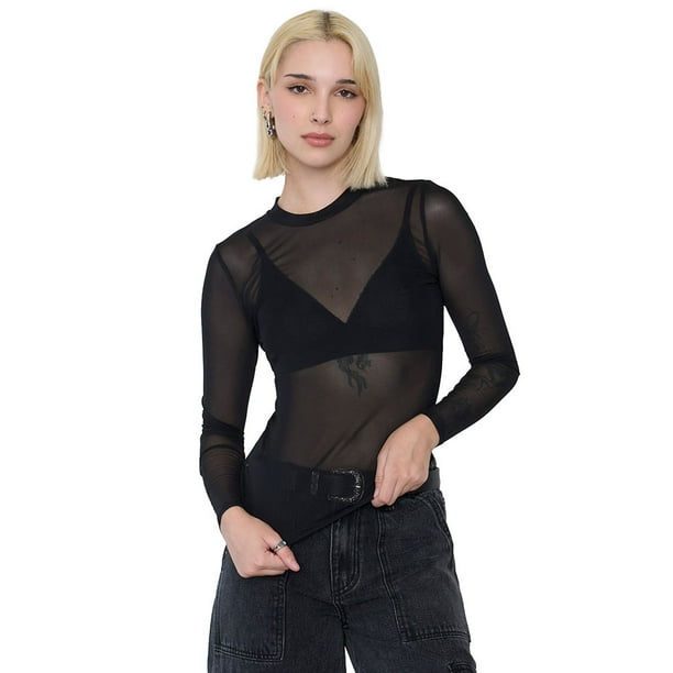Polera Mujer Malla Manga Larga Negro Corona