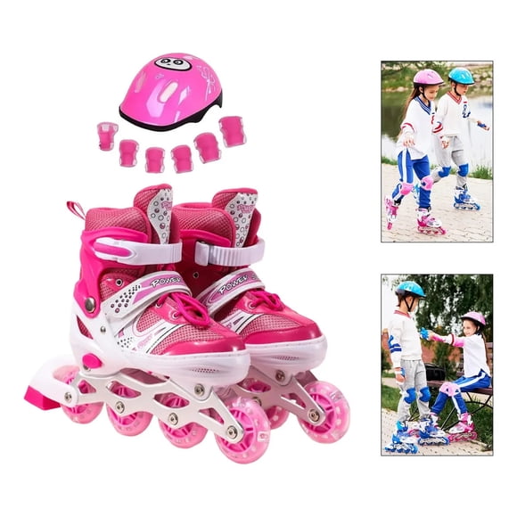 Patines Ajustables De 4 Ruedas Para Niños+5 Pcs Protecciones S Rosa