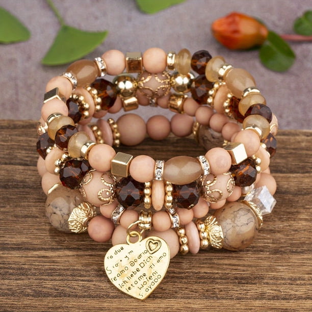 Heart Charm Beads Layered Bracelet Set Pompomia Bracelet Charm Vintage Jewelry Valentine's Day Gift