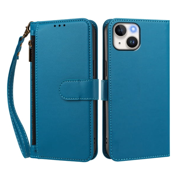 Funda Tipo Billetera para iphone15 con Soporte y Bolsillo con Cierre Azul