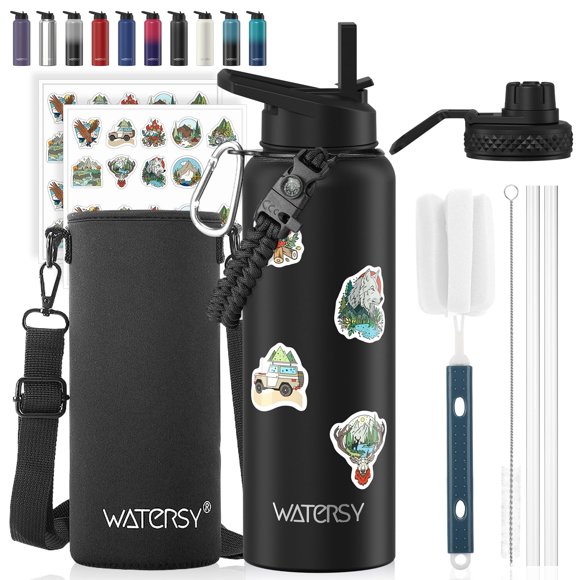 Botella de Agua WATERSY 1200 ml Aislada con Pajita Negra
