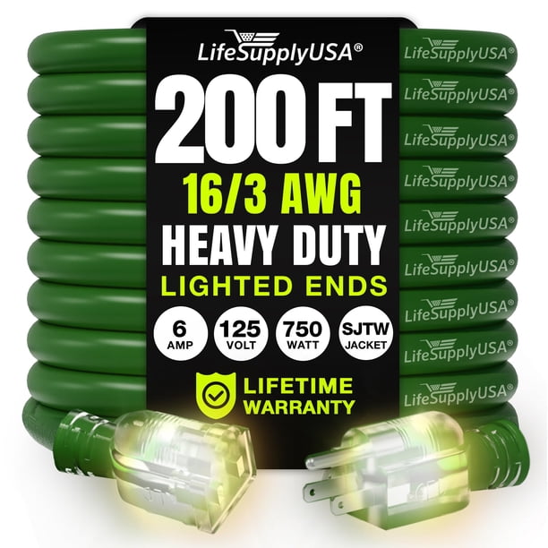 Cable de alimentación LifeSupplyUSA de 61 m, resistente, de 3 clavijas, impermeable