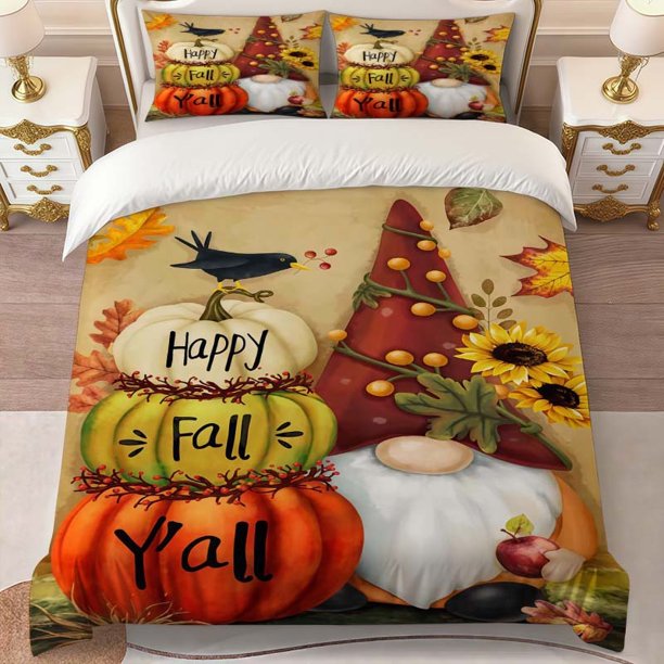 Autumn Pumpkin Gnome Old Man Stacking Decoration Theme Print Three-Piece Bedding Set Soft Duvet Cover And Two Pillowcases