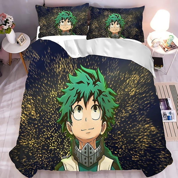 Juego de ropa de cama de 3 piezas de My Hero Academia (tamaño individual, matrimonial, queen y king) con figuras de acción de Deku, Bakugou y Todoroki. Incluye 1 funda nórdica y 2 fundas de