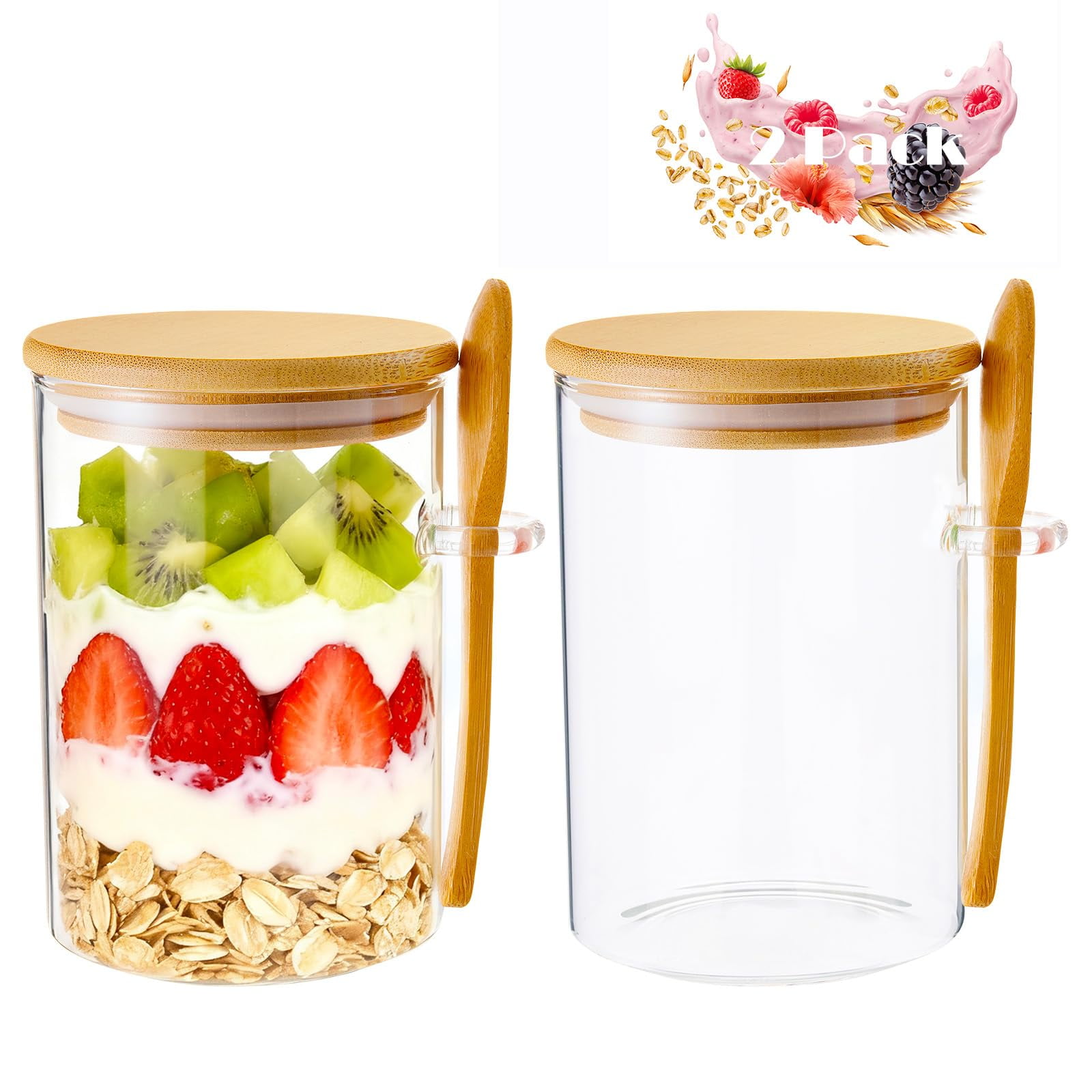 Frascos De Vidrio Para Avena Nocturna Npmkx, Paquete De 2, Con Tapas De Bambú