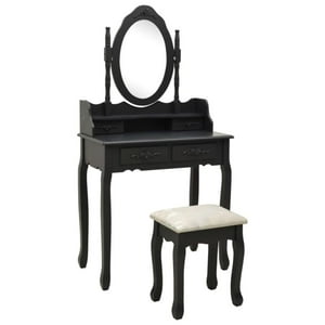 Castellaro - Tocador Maquillaje Madera Negro Banca + Espejo Vanesa