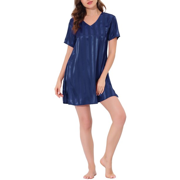 INSPIRE CHIC Camisones de Satén para Mujer Cuello en V Manga Corta Camisón a Rayas Ropa de Dormir Sedosa Vestido de Pijama S Azul