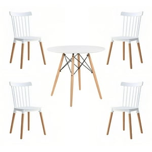 Klik Muebles - Comedor Mesa Redonda Blanca 80Cm + 4 Sillas Windsor Blanca