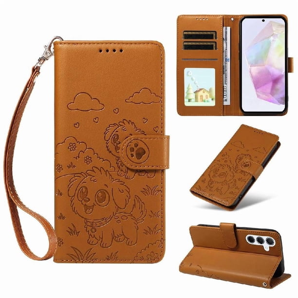 Funda Cartera para Samsung Galaxy A35 5G Perro Cachorro Grabado con Tarjetas Soporte Correa Marrón