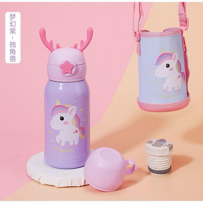 Genérico - Termo De Agua Infantil Kawaii 500ml Con Funda Y Cuerda Lila Unicornio