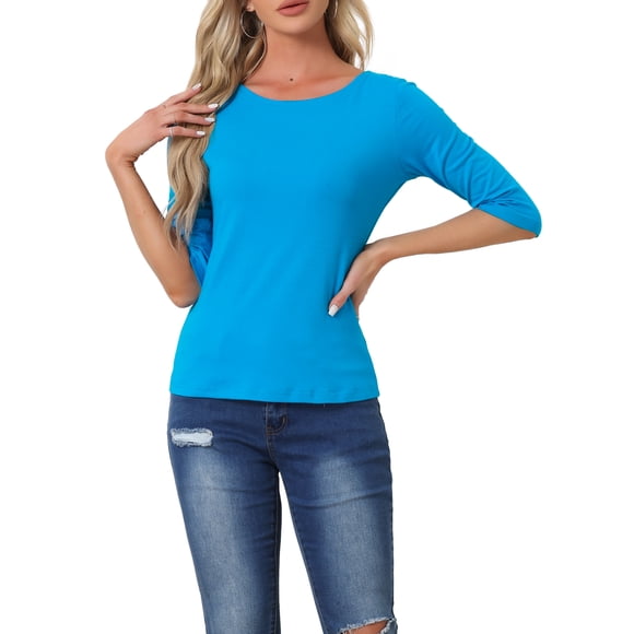INSPIRE CHIC Camisetas de Mujer Mangas al Codo Cuello Barco Ajuste Ceñido Casual Camiseta Azul Lago M
