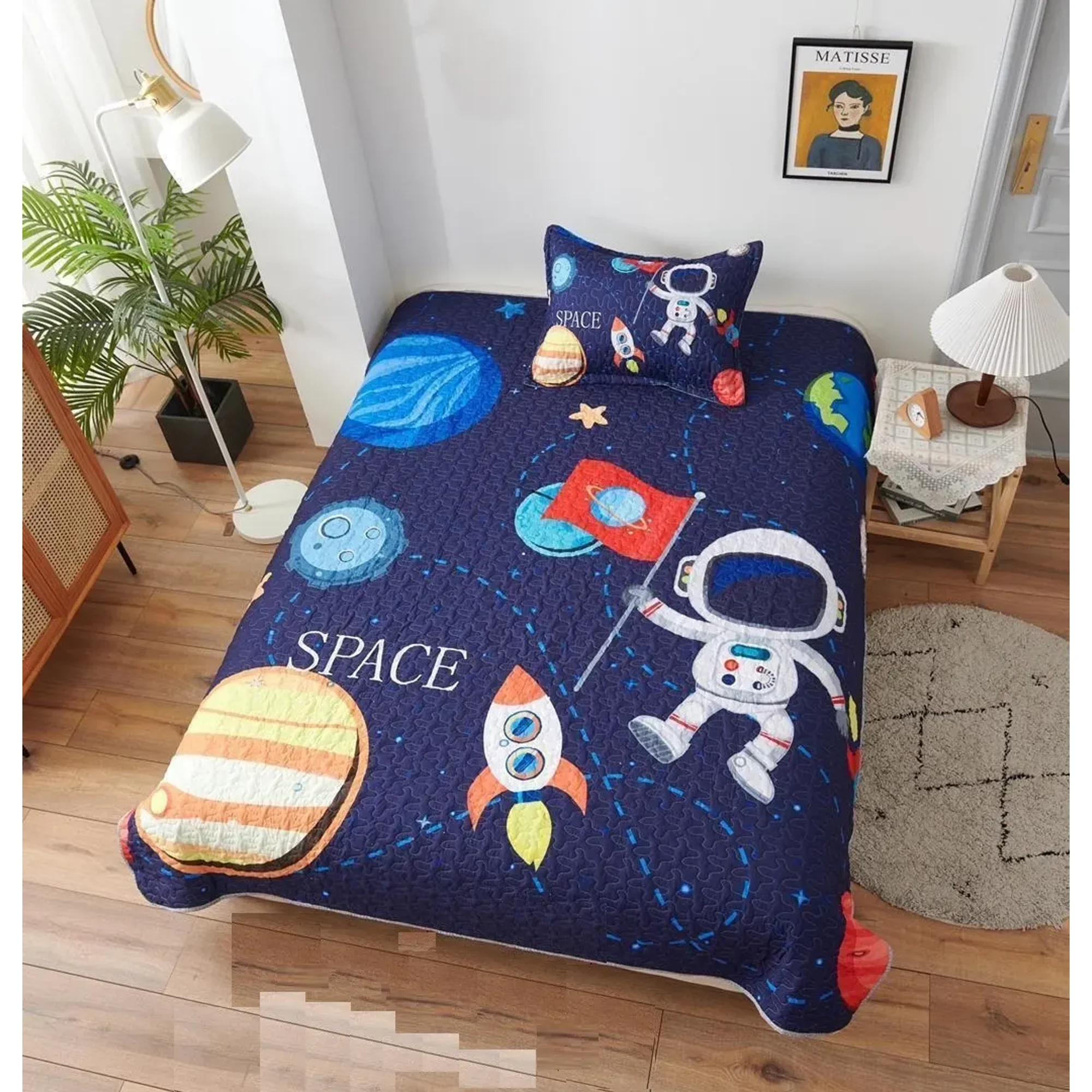 Casadeliacl - Cubrecama Infantil 1.5 Plaza De Verano Algodon, Wym Azul Oscuro Space