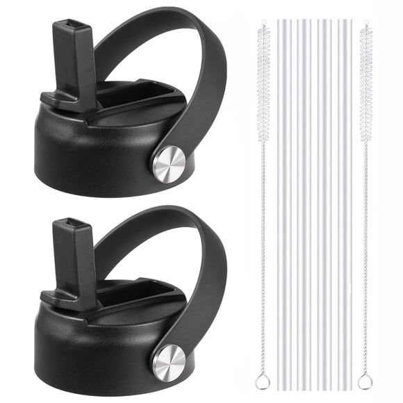 Tapa con pajita para botella de agua de boca ancha KMN, color negro, paquete de 2