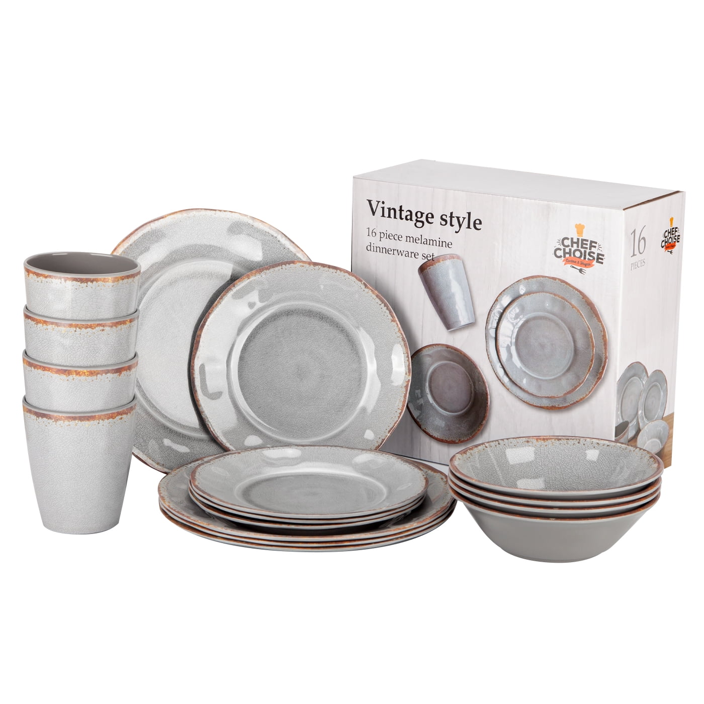 Chefchoice - Set 16 Pcs Juego De Vajilla Completo Melamina Ecologico Gris Chef Choice